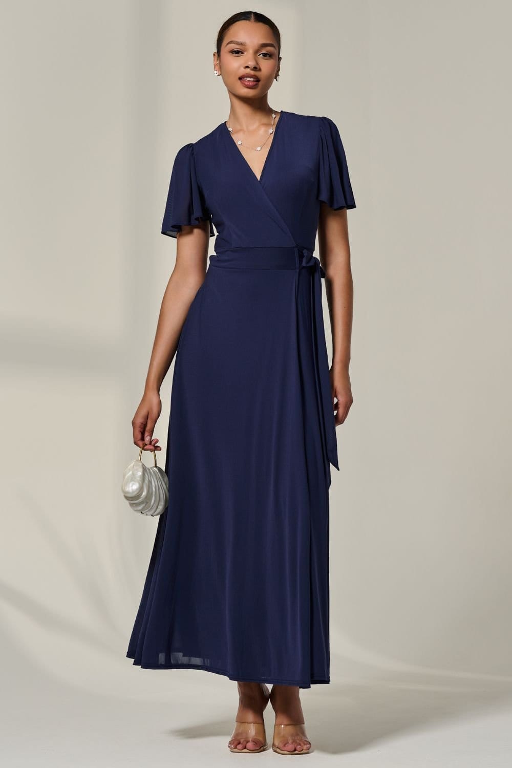 Jolie Moi Jolie Moi Women's Angel Sleeve Wrapped Mesh Maxi Dress in Navy - 4