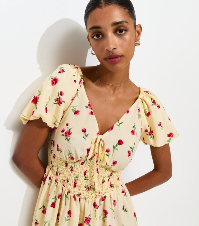 New Look Women's Yellow Crepe Floral Print Puff Sleeve Shirred Mini Dress New Look - 2