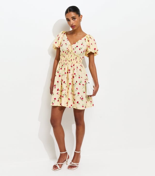 New Look Women's Yellow Crepe Floral Print Puff Sleeve Shirred Mini Dress New Look - 3