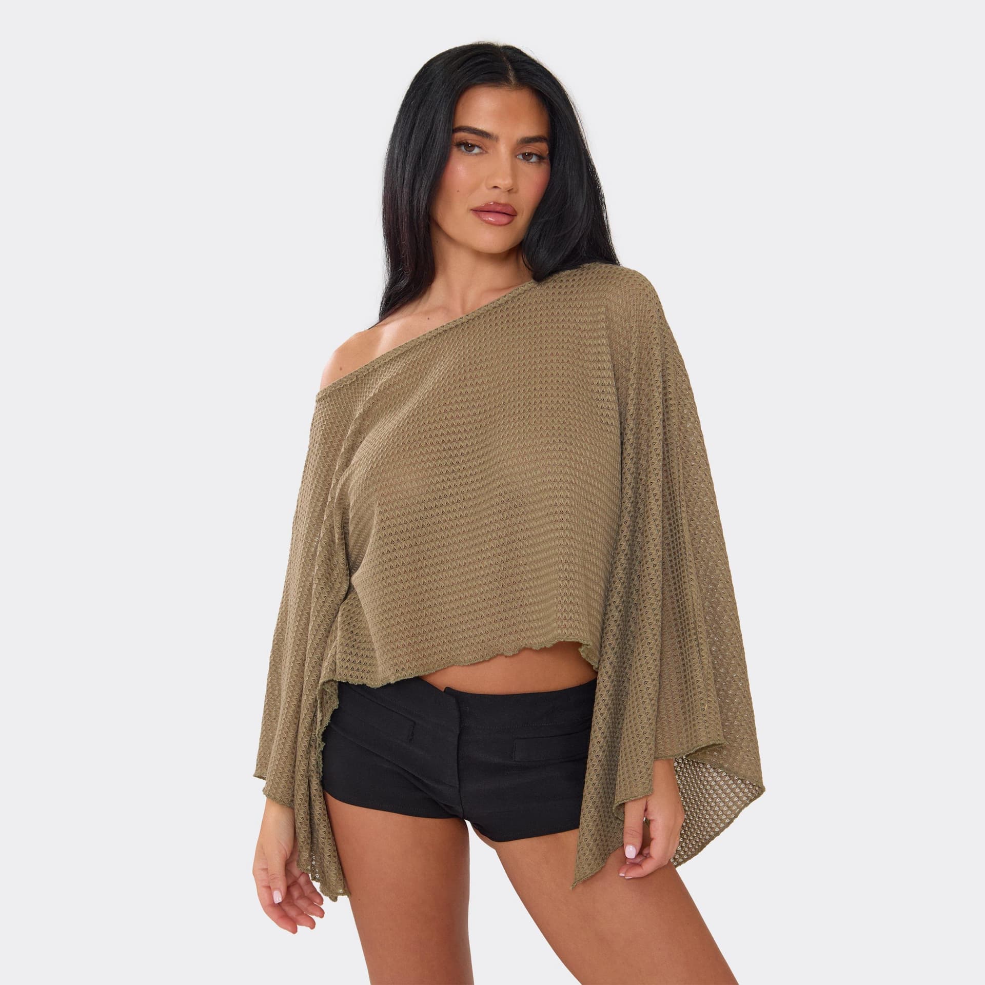EGO Off The Shoulder Asymmetric Cape Top In Khaki, Women's Size UK 4