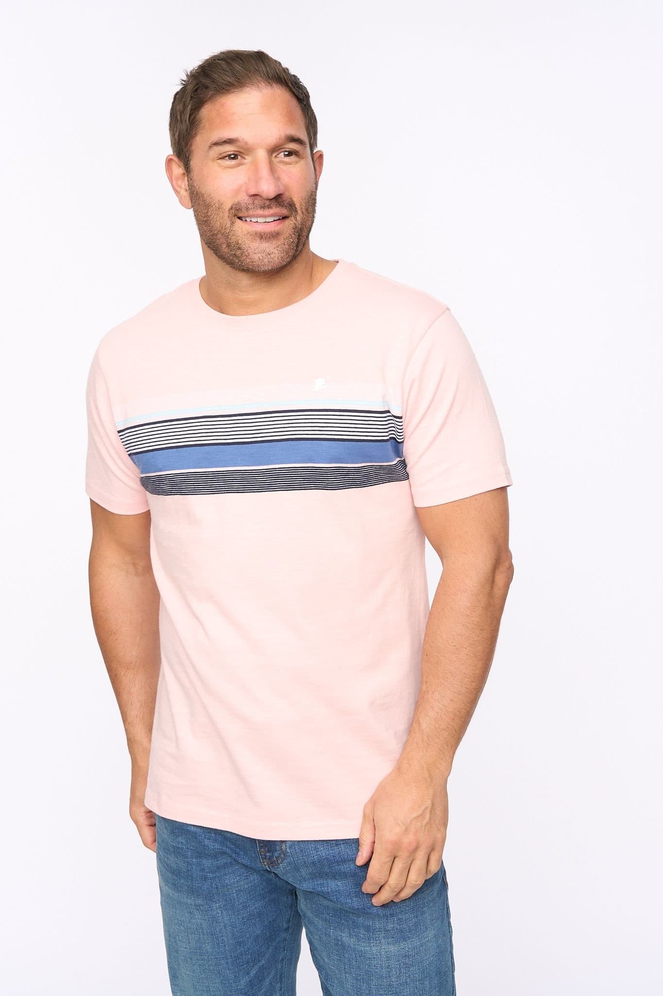 Bewley&Ritch Bewley&Ritch Men's Laylen 100% Cotton Yarn-Dyed Stripe Crew Neck T-Shirt in Light Pink