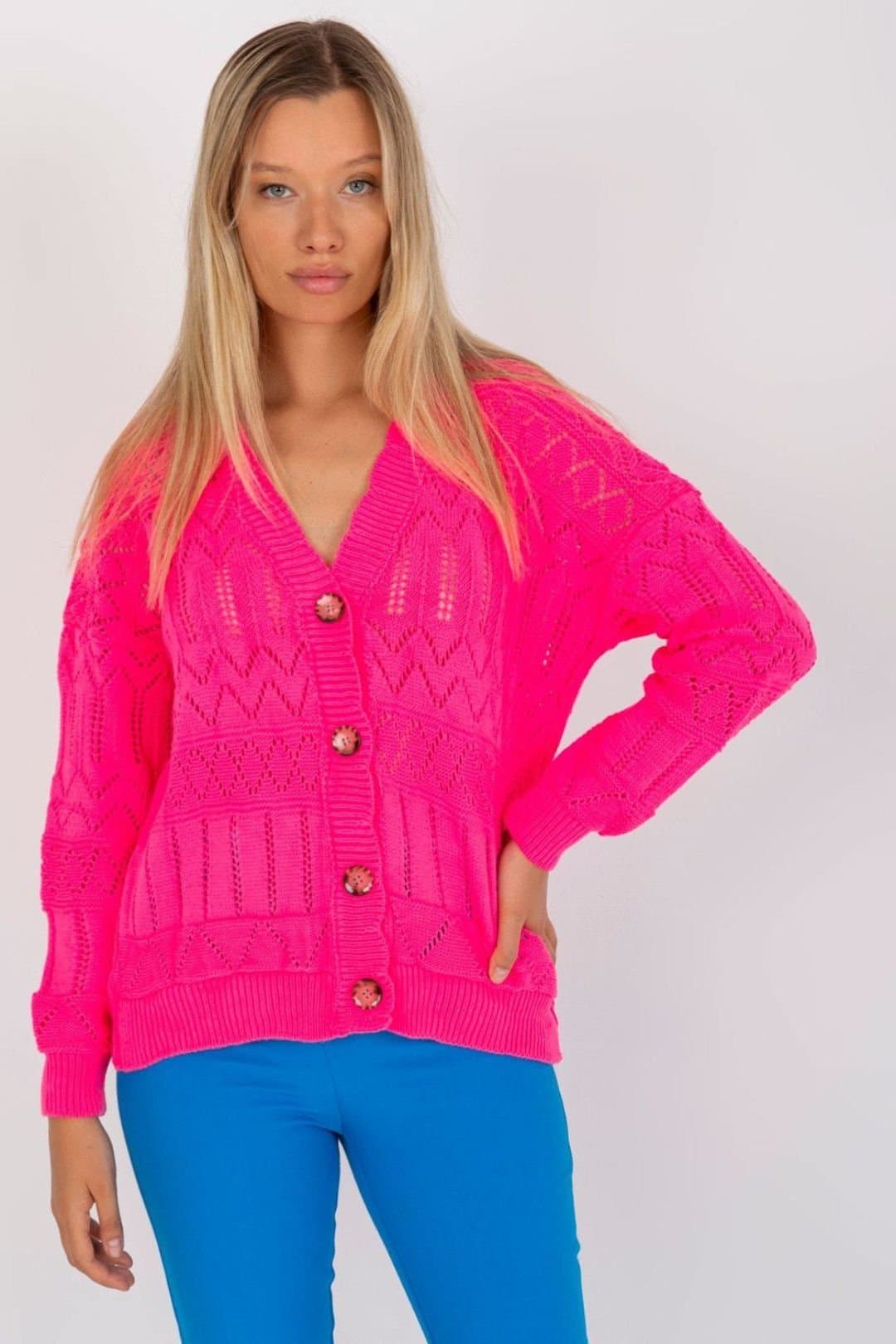 Love Lace Love Lace Women's Openwork Button Down Cardigan in Bright Pink