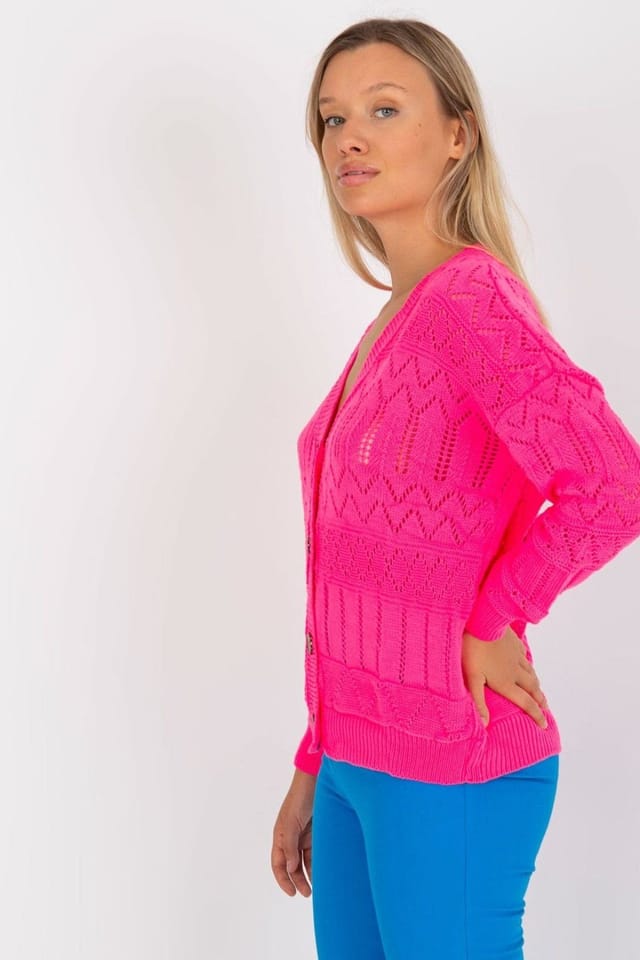Love Lace Love Lace Women's Openwork Button Down Cardigan in Bright Pink - 2