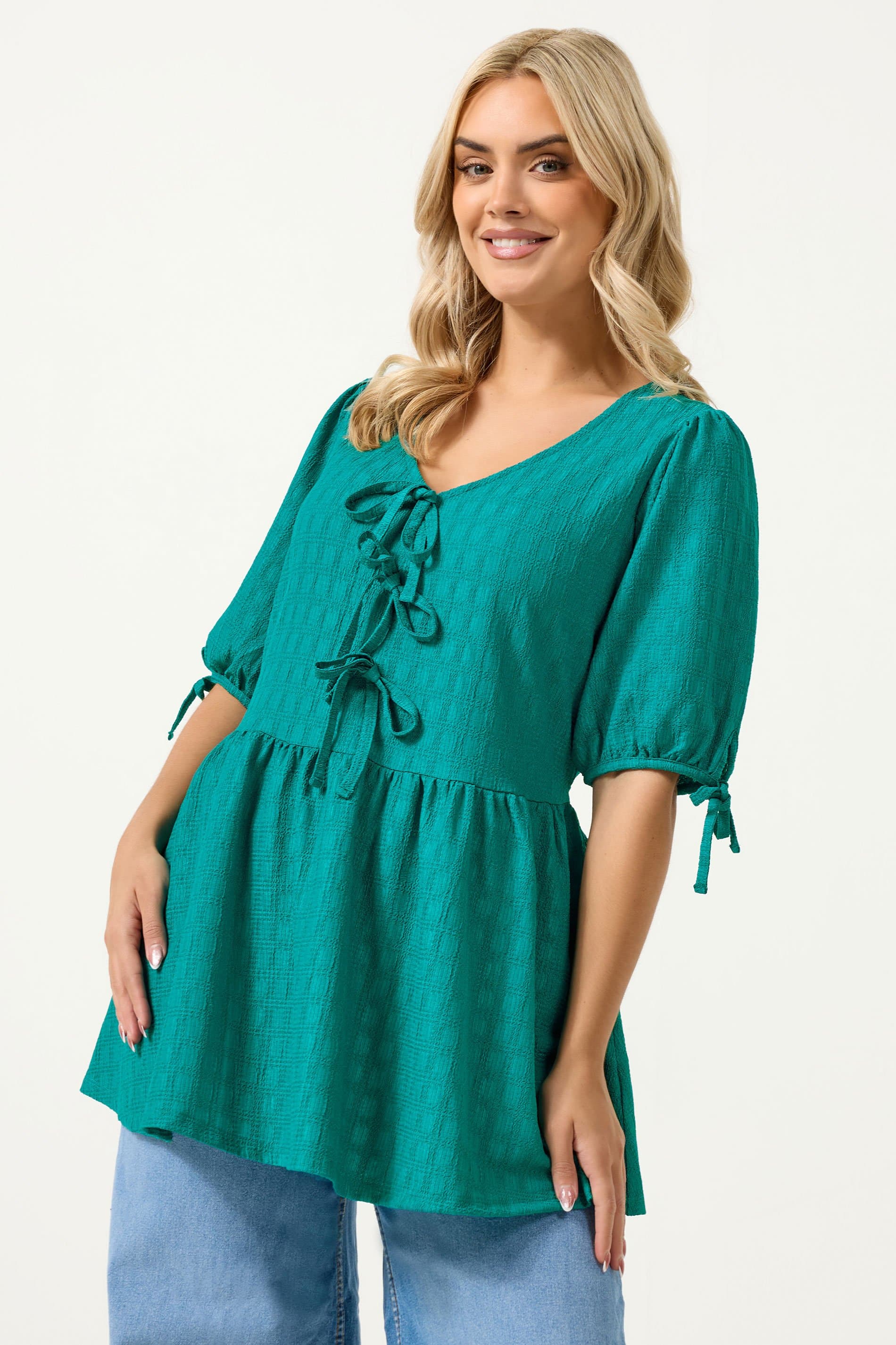 Yours Plus Size Teal Green Textured Bow Tie Front Top