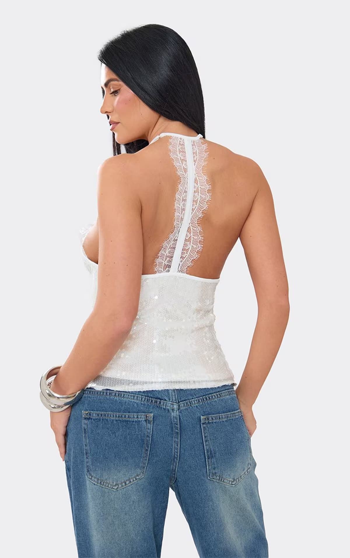 EGO Halter Neck Lace Trim Open Back Top In White Sequin, Women's Size UK 6
