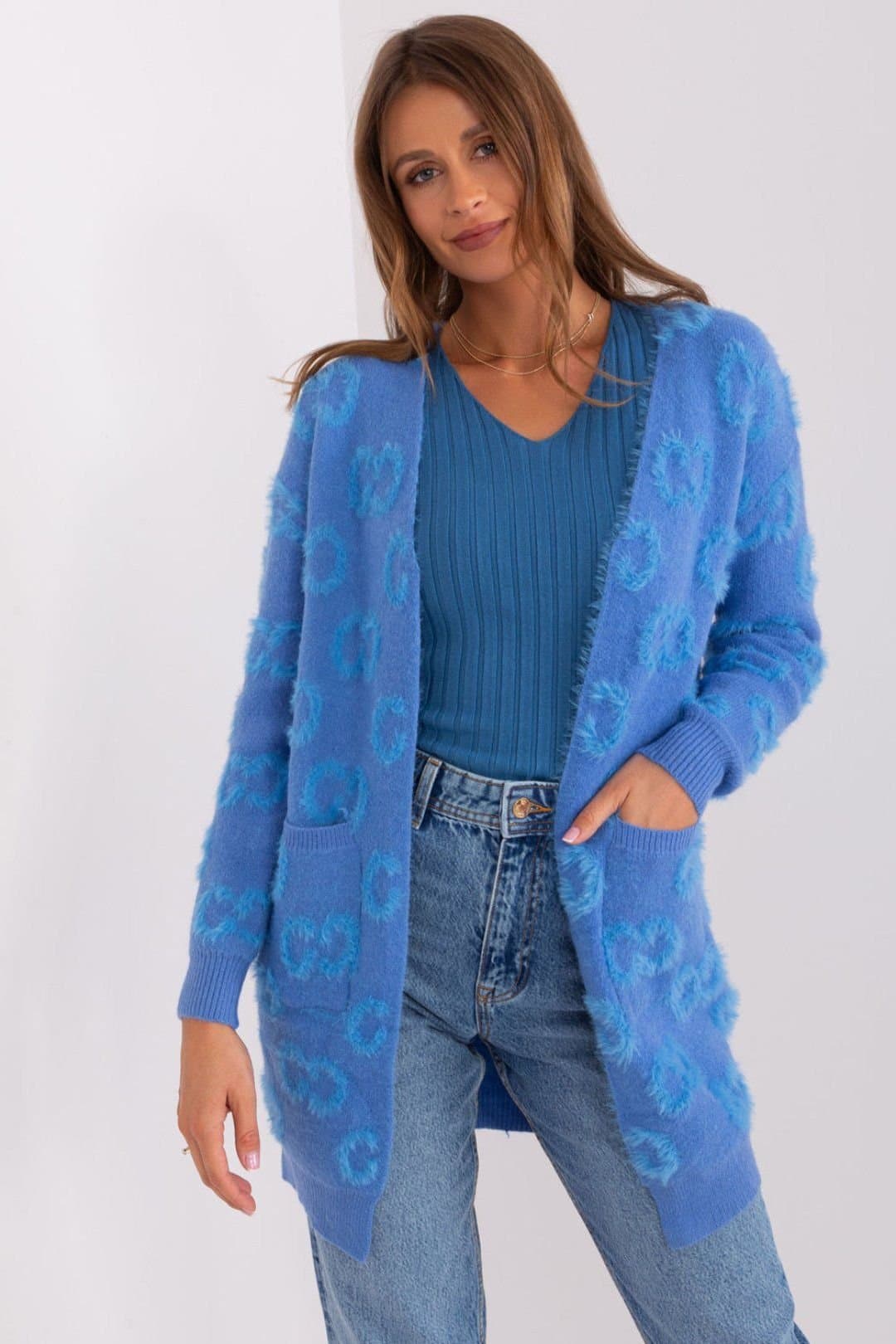 Love Lace Love Lace Women's Variegated Texture Pocket Cardigan in Blue