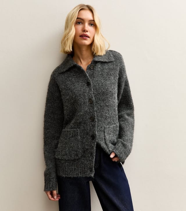 New Look Women's Grey Spread Collar Knitted Patch Pocket Cardigan New Look - 2