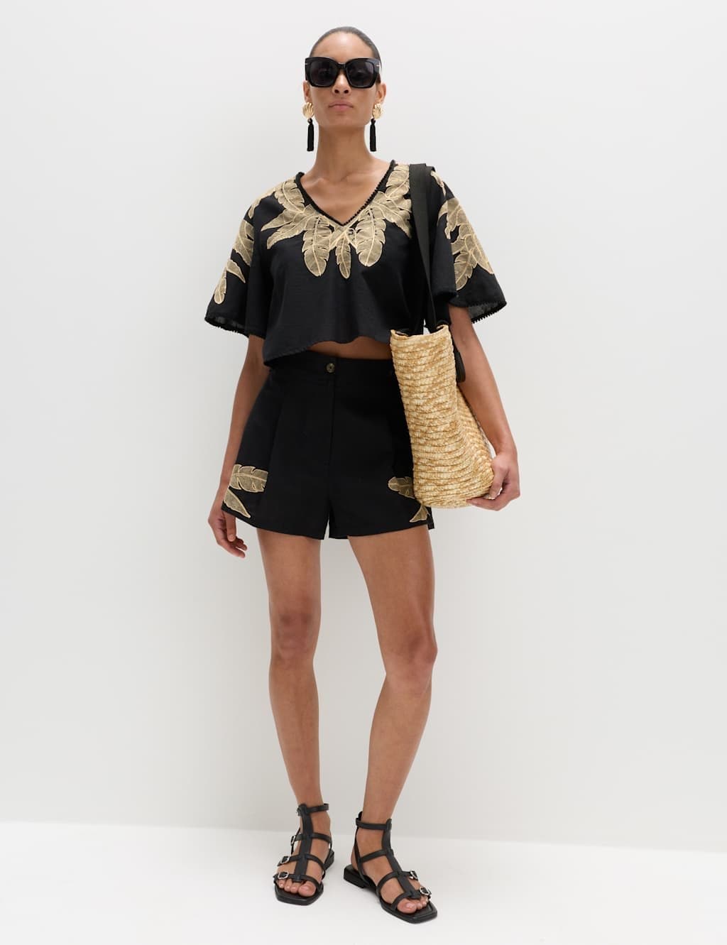 Marks & Spencer M&S Cotton Rich Palm Embroidered Beach Shorts Black Mix