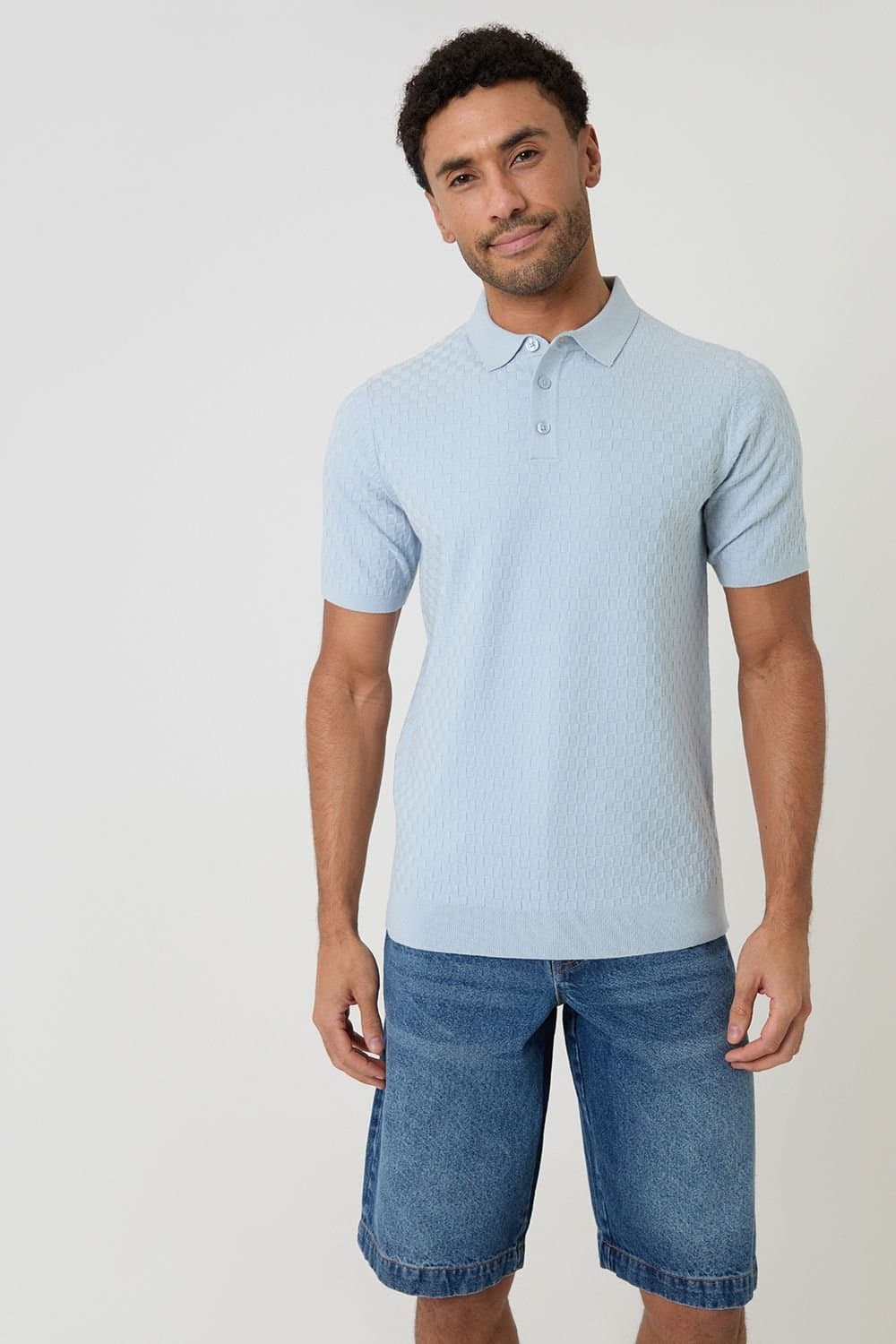 Threadbare threadbare Men's Basket Stitch Short Sleeve Knitted Polo in Blue