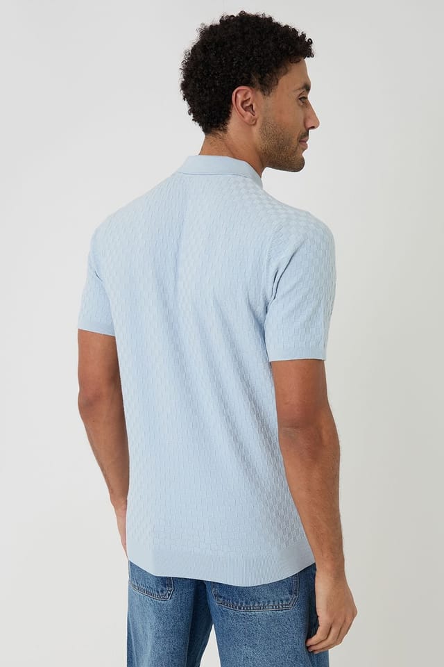 Threadbare threadbare Men's Basket Stitch Short Sleeve Knitted Polo in Blue - 2