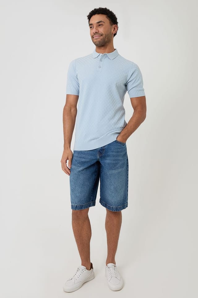 Threadbare threadbare Men's Basket Stitch Short Sleeve Knitted Polo in Blue - 3