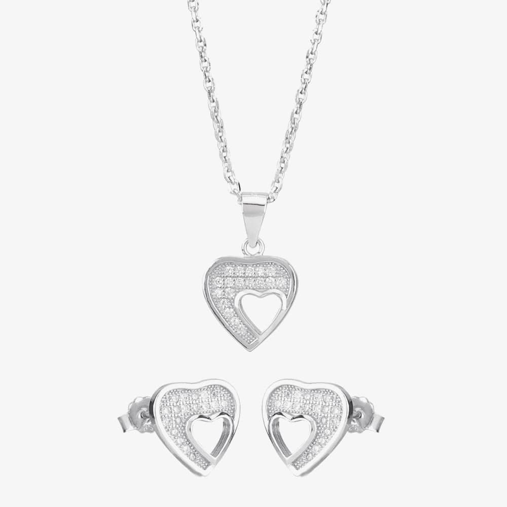 T.H.Baker T.H.Baker Women's Silver Pave Cut-Out Heart Pendant & Earring Set E612067+E612067-P