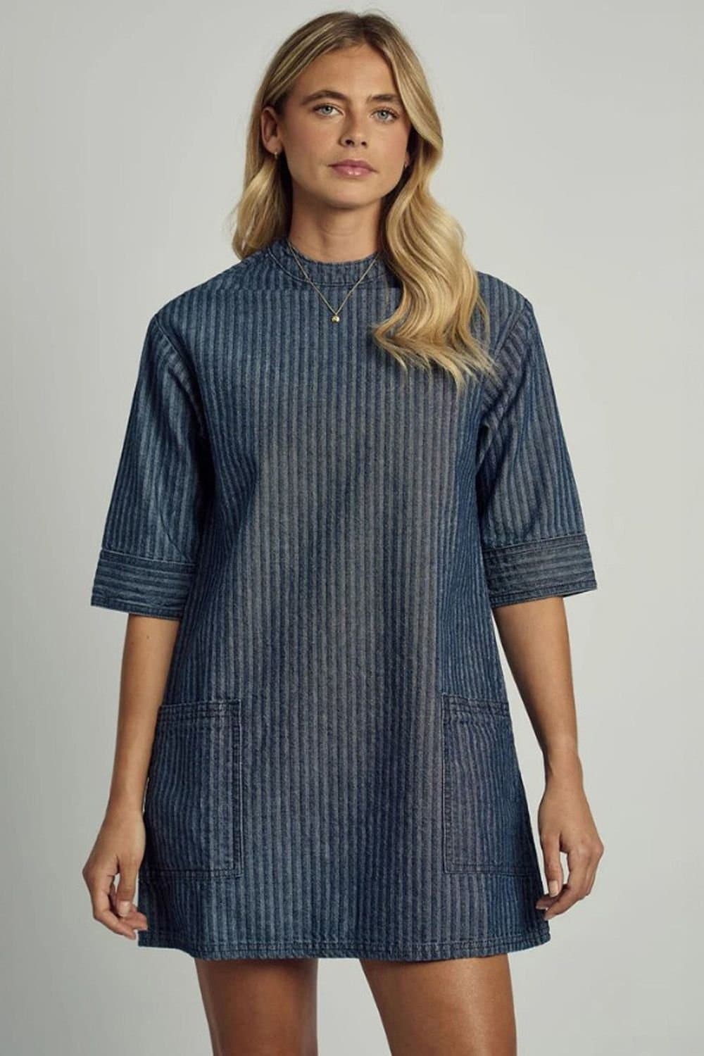 Native Youth Native Youth Women's Cotton Denim Striped 3/4 Length Sleeve Mini Shirt Dress in Blue