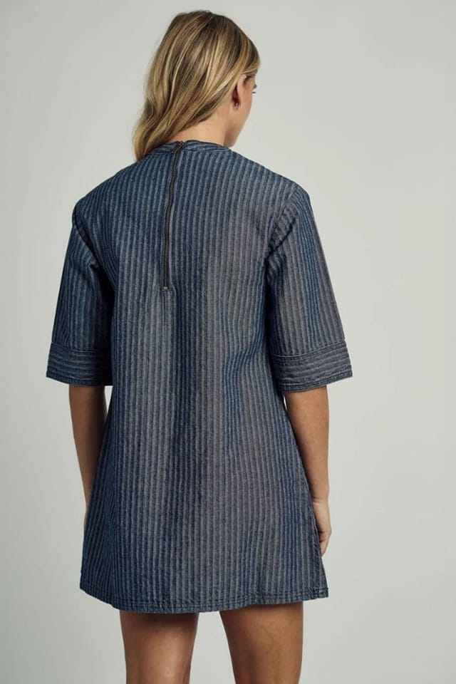 Native Youth Native Youth Women's Cotton Denim Striped 3/4 Length Sleeve Mini Shirt Dress in Blue - 2