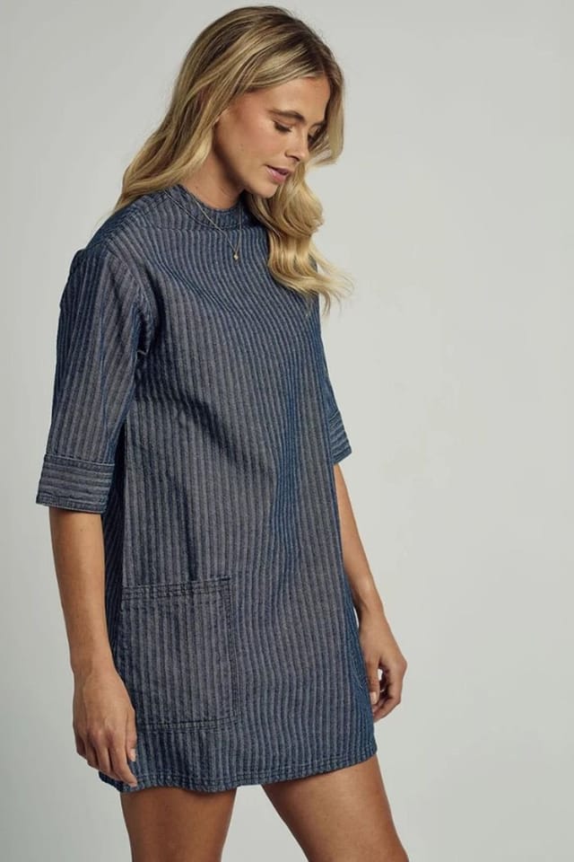 Native Youth Native Youth Women's Cotton Denim Striped 3/4 Length Sleeve Mini Shirt Dress in Blue - 3