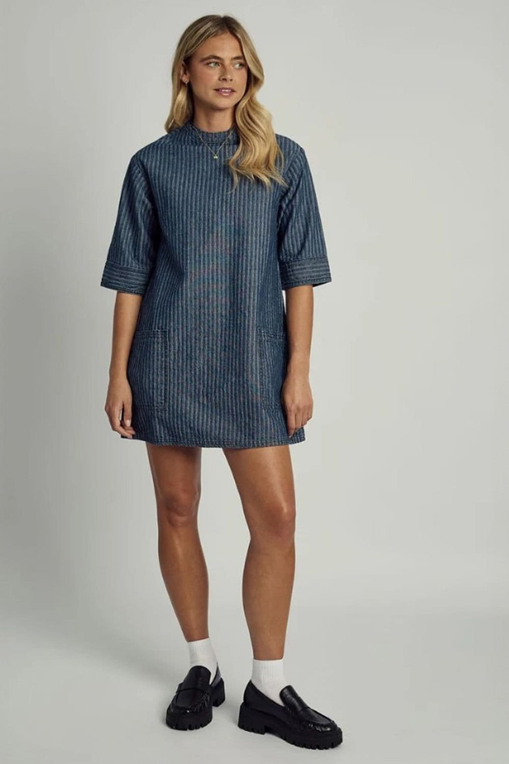 Native Youth Native Youth Women's Cotton Denim Striped 3/4 Length Sleeve Mini Shirt Dress in Blue - 4