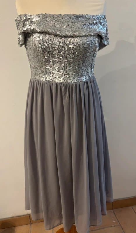 Boohoo Silver Sequin Bardot Midi Dress size 12– Boohoo Occasion