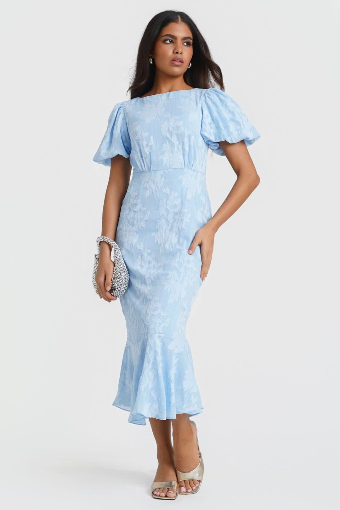 Needs No Label Needs No Label Women's Blue Jacquard Shimmer Puff Sleeve Midi Dress