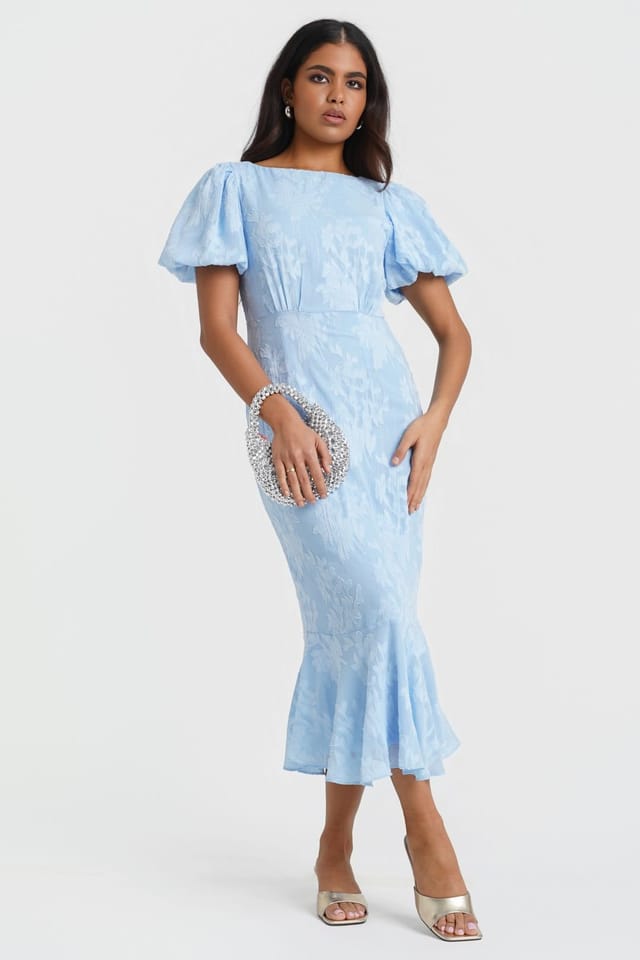 Needs No Label Needs No Label Women's Blue Jacquard Shimmer Puff Sleeve Midi Dress - 3