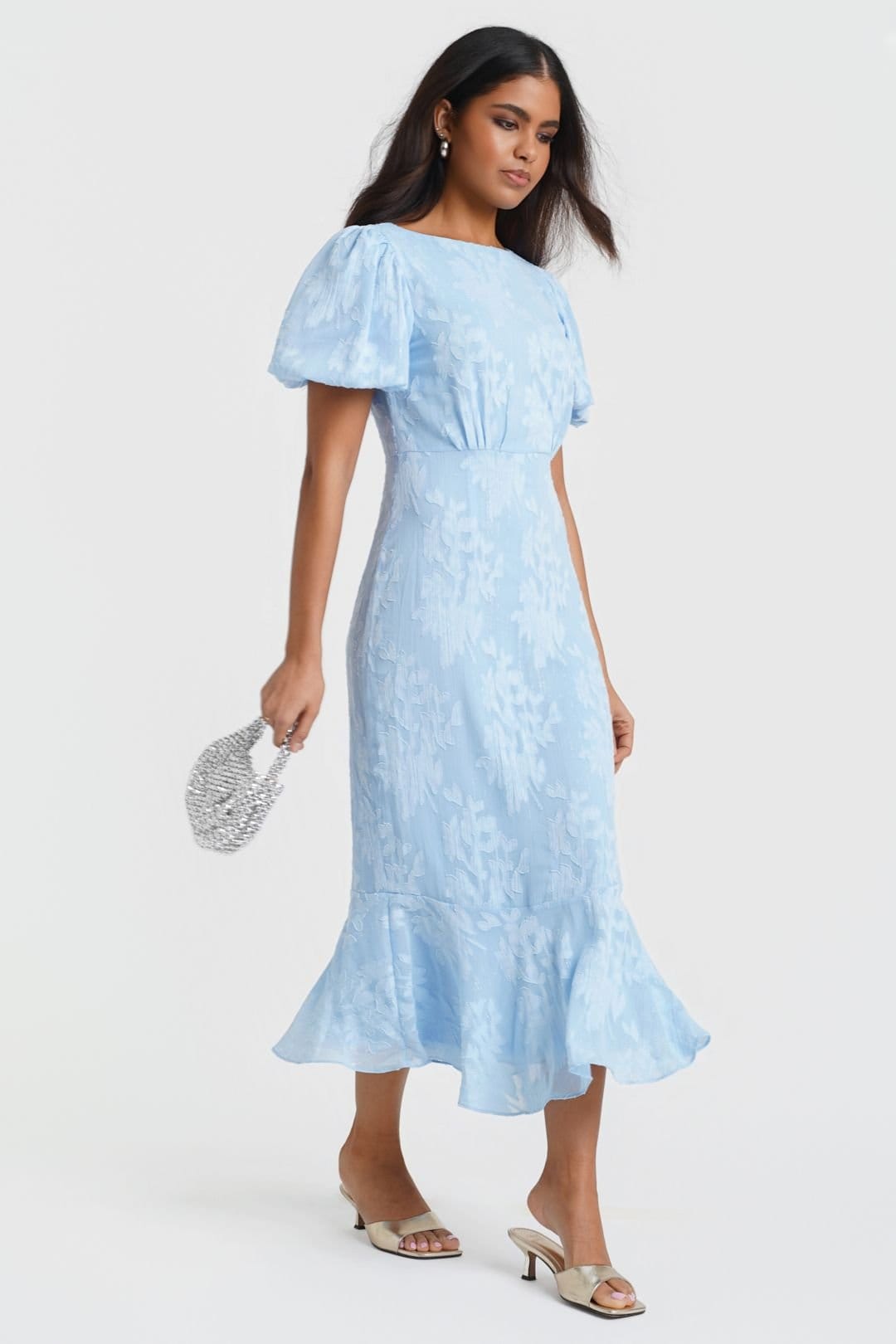 Needs No Label Needs No Label Women's Blue Jacquard Shimmer Puff Sleeve Midi Dress - 4