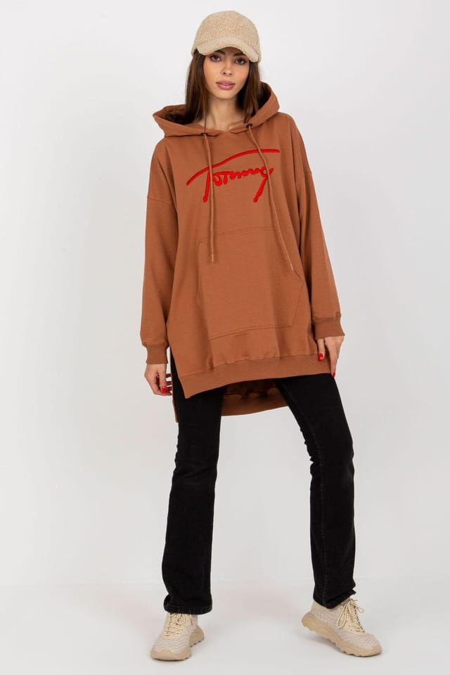 Love Lace Love Lace Women's Long Casual Hooded Sweatshirt with Pocket in Brown - 2