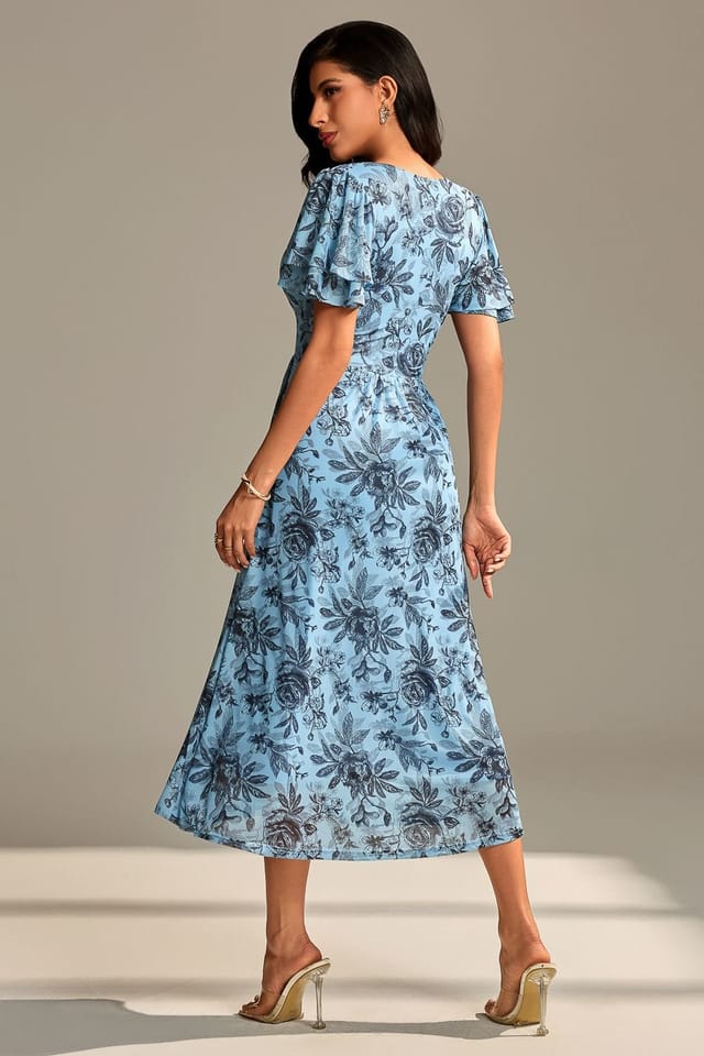 Jolie Moi Jolie Moi Women's Flutter Sleeve Mesh Maxi Dress in Bright Blue - 2