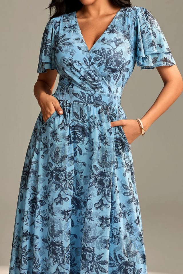 Jolie Moi Jolie Moi Women's Flutter Sleeve Mesh Maxi Dress in Bright Blue - 3