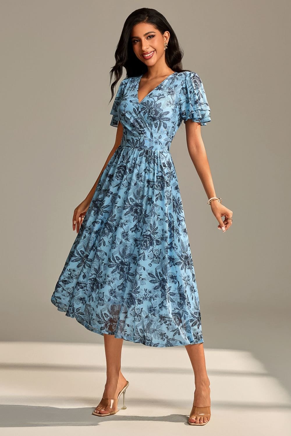 Jolie Moi Jolie Moi Women's Flutter Sleeve Mesh Maxi Dress in Bright Blue - 4