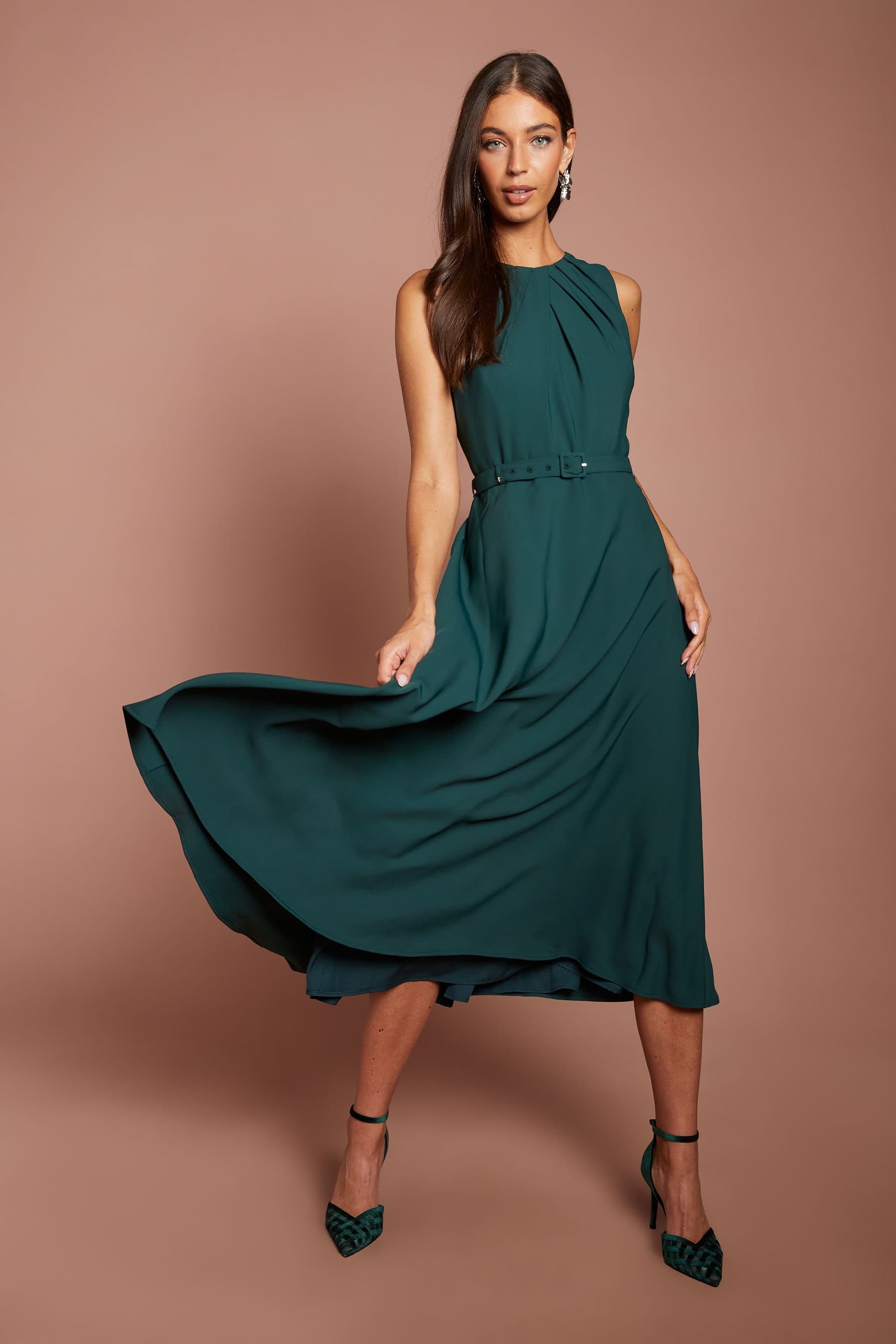 Coast Coast Women's Pleated Neckline Belted Crepe Midi Dress in Emerald