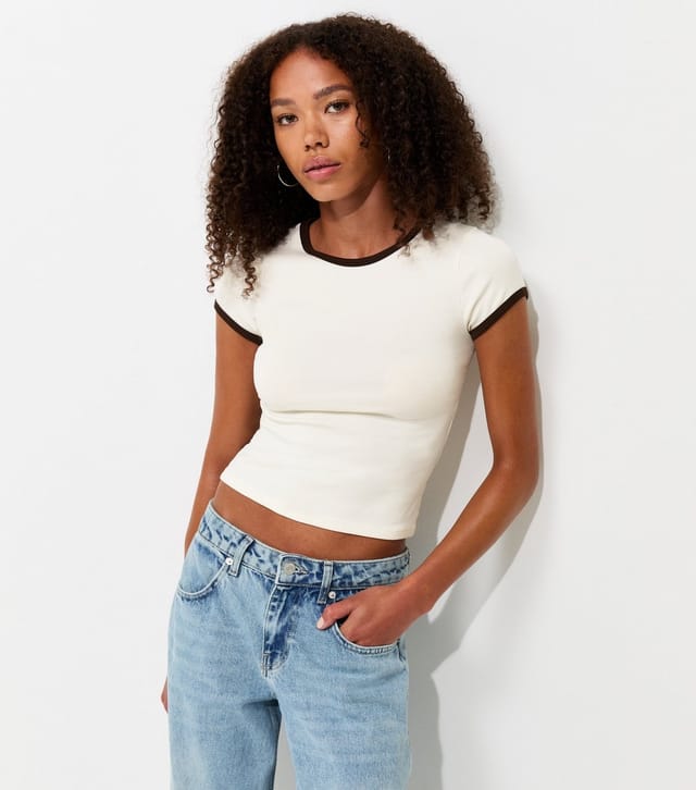 New Look Women's Off White Cotton Rich Contrast Trim Ringer T-Shirt New Look - 2