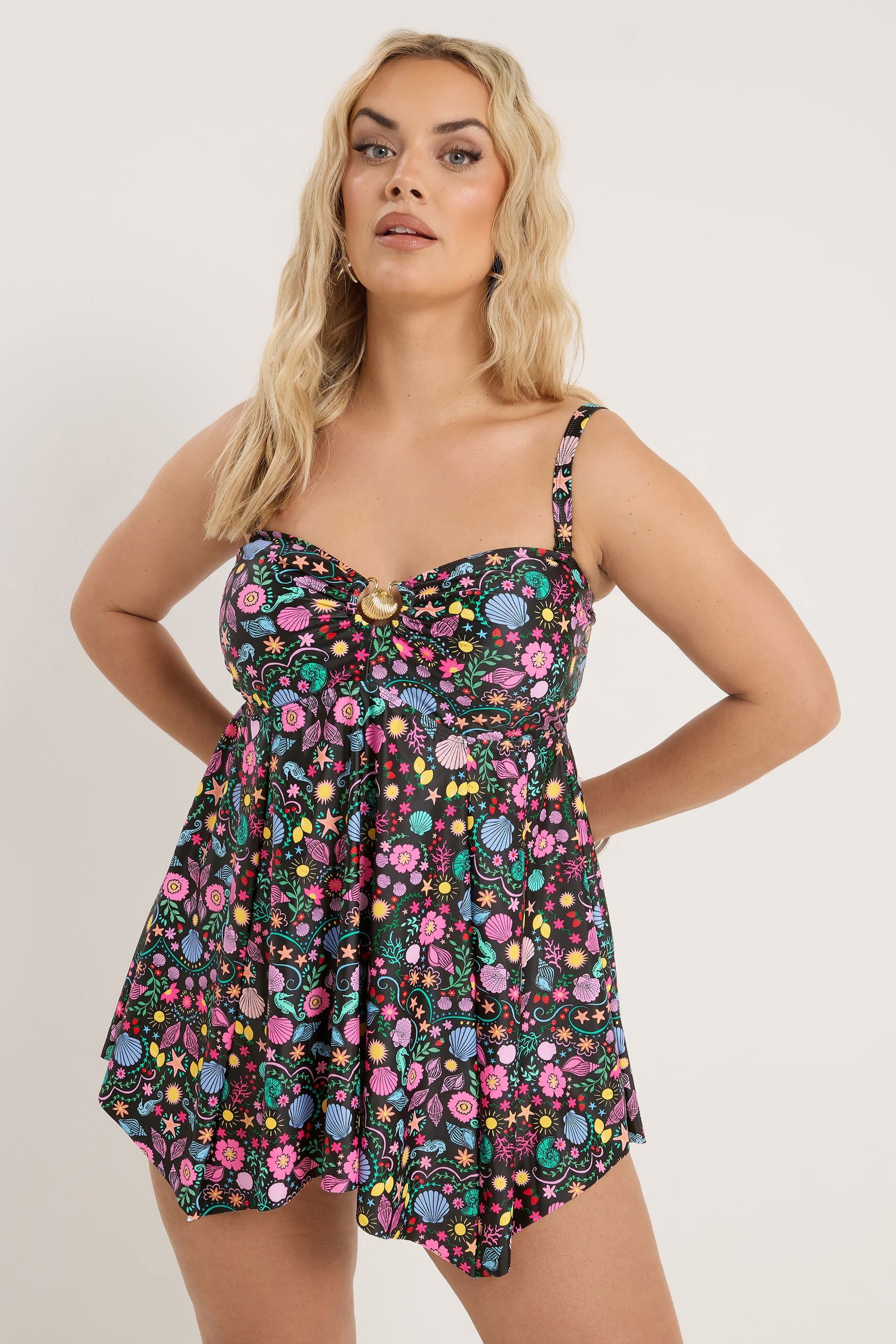 Yours Plus Size Black Shell Print Tankini Top