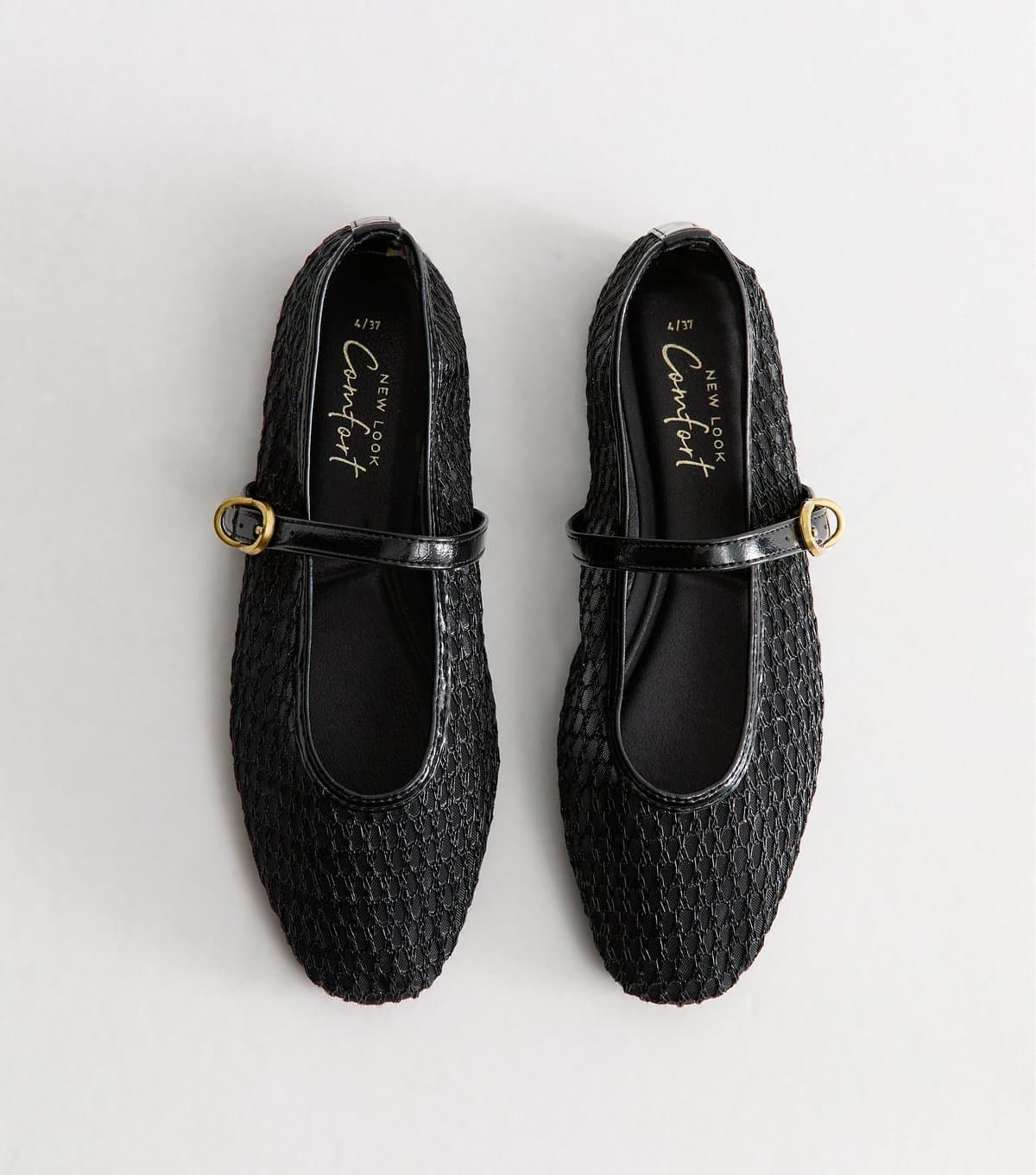 New Look Women's Black Buckle Strap Mesh Mary Jane Flats Vegan New Look