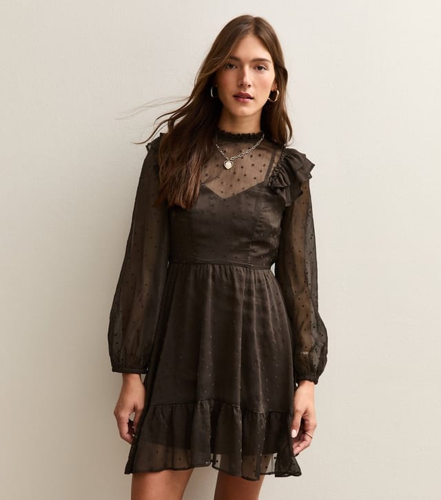 New Look Women's Brown Flocked Polka Dot Ruffled Mini Dress New Look - 2