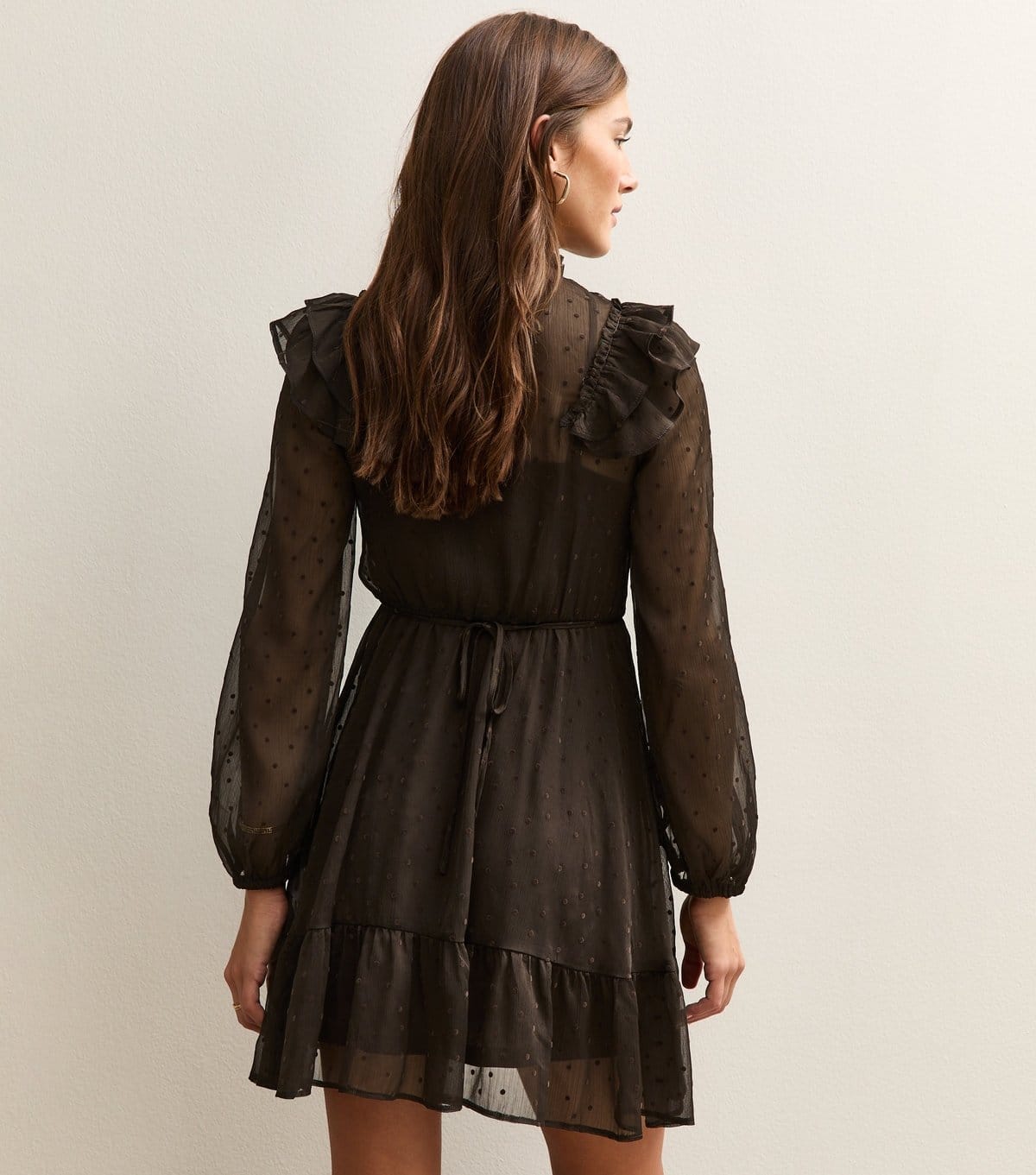 New Look Women's Brown Flocked Polka Dot Ruffled Mini Dress New Look - 4