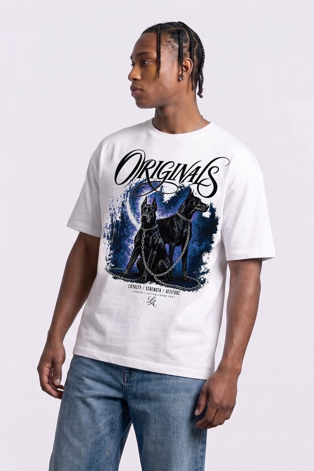 LONDON ATTITUDE LONDON ATTITUDE Men's Doberman Oversized Heavyweight Graphic White T-Shirt