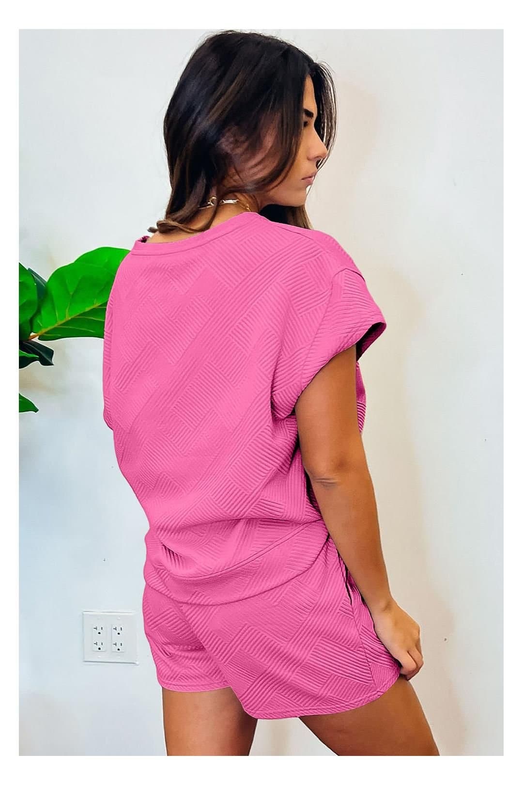 Everyday The Label Everyday The Label Women's Strawberry Pink 2pcs Solid Textured Drawstring Shorts Set in Bright Pink