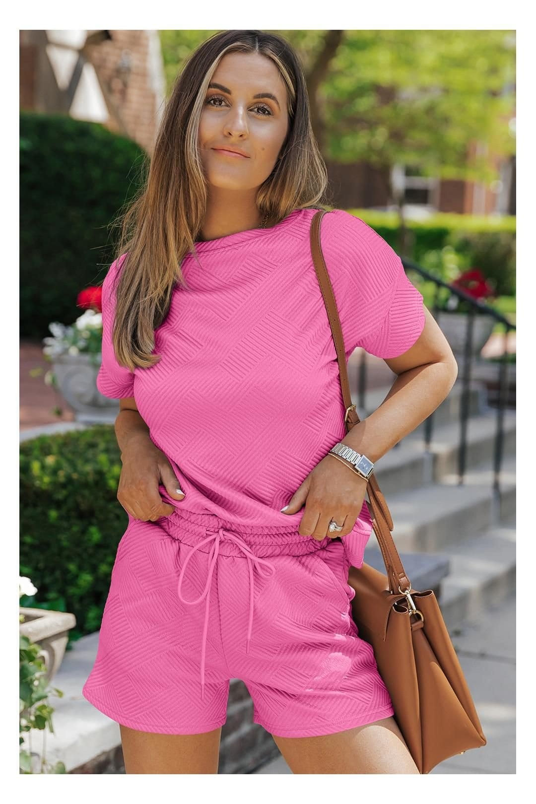 Everyday The Label Everyday The Label Women's Strawberry Pink 2pcs Solid Textured Drawstring Shorts Set in Bright Pink - 4