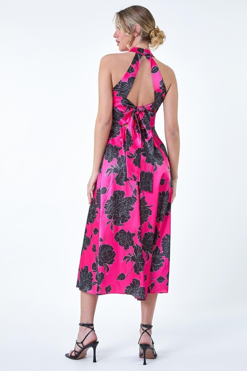 DUSK Dusk Women's Floral Satin Look Halter Neck Midi Dress in Cerise