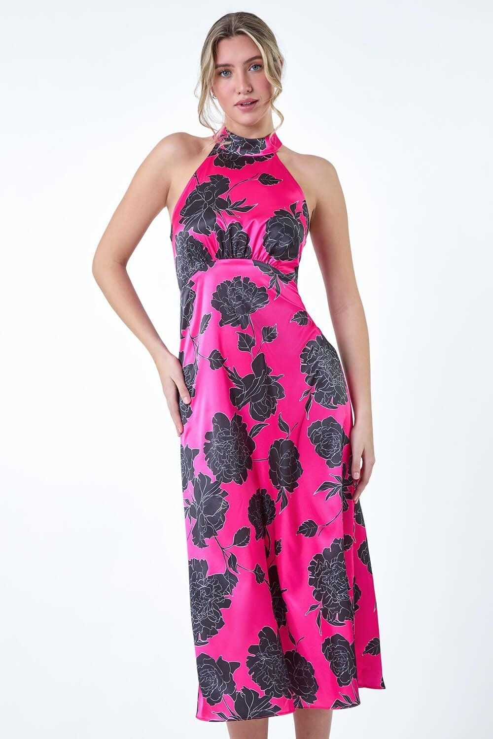 DUSK Dusk Women's Floral Satin Look Halter Neck Midi Dress in Cerise - 4