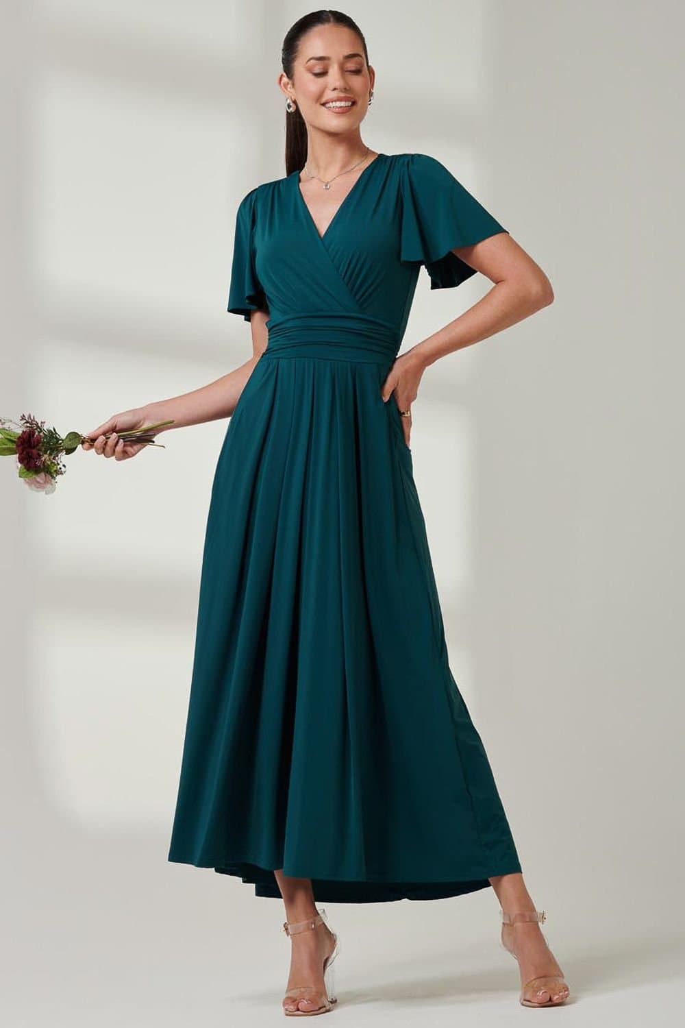 Jolie Moi Jolie Moi Women's Wrap Bodice Super Smooth Jersey Maxi Dre in Dark Green
