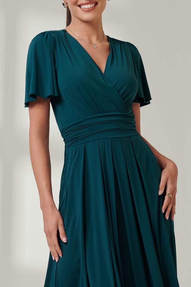 Jolie Moi Jolie Moi Women's Wrap Bodice Super Smooth Jersey Maxi Dre in Dark Green - 3