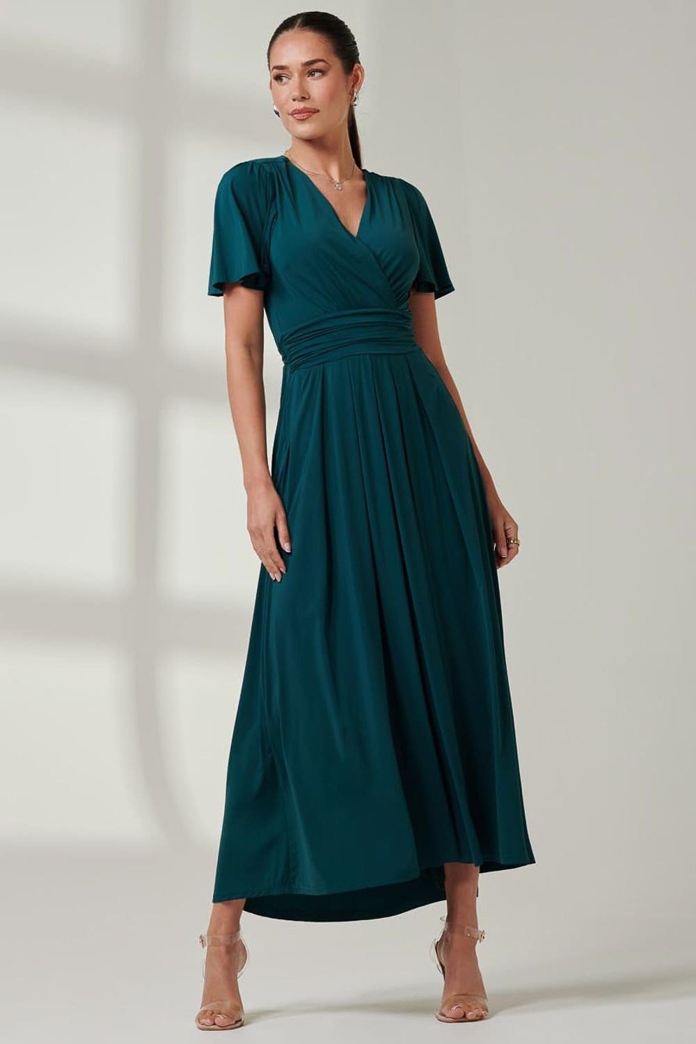 Jolie Moi Jolie Moi Women's Wrap Bodice Super Smooth Jersey Maxi Dre in Dark Green - 4