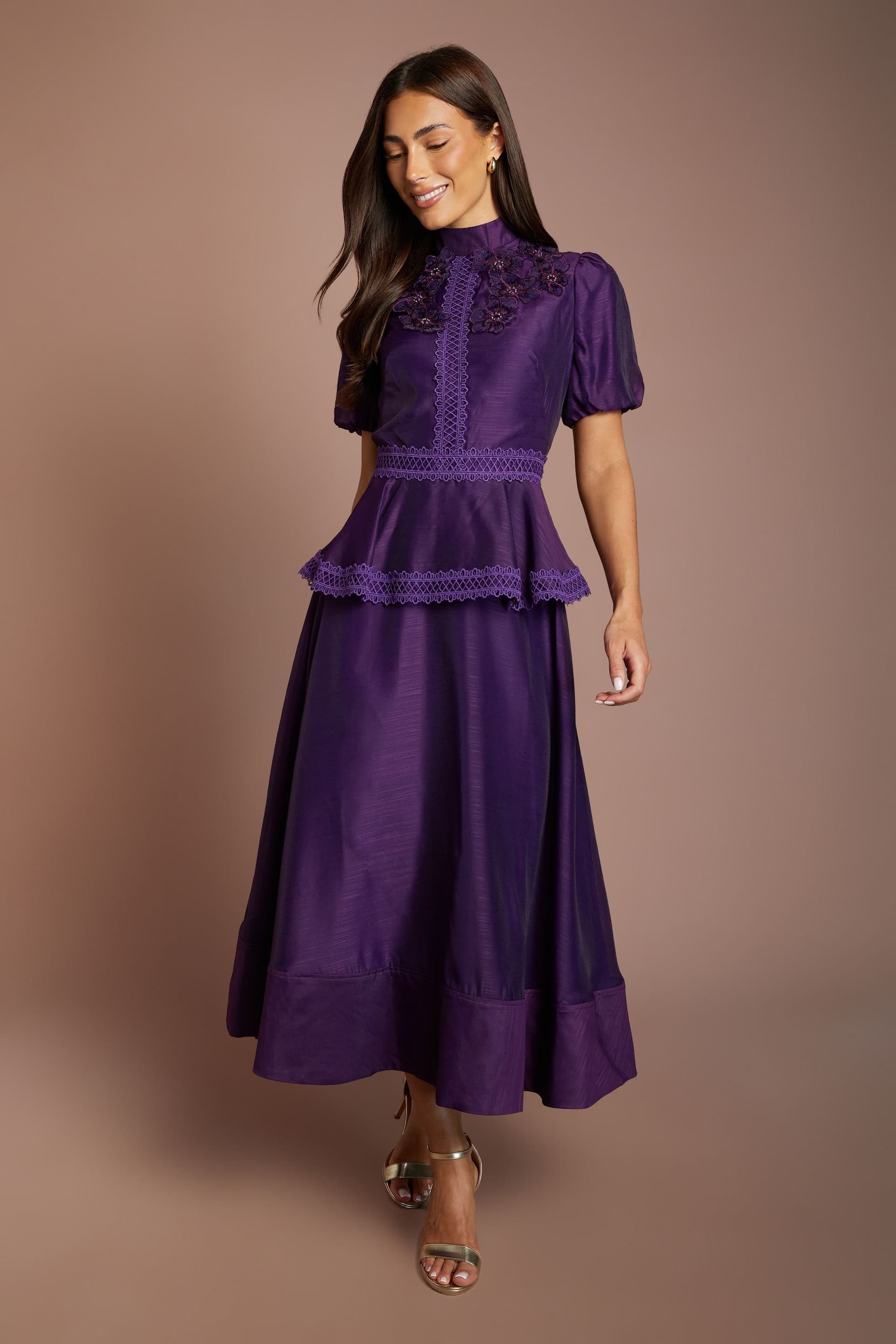 Coast Coast Women's Puff Sleeve 3D Flower Detail Organza Midi Dress in Fig