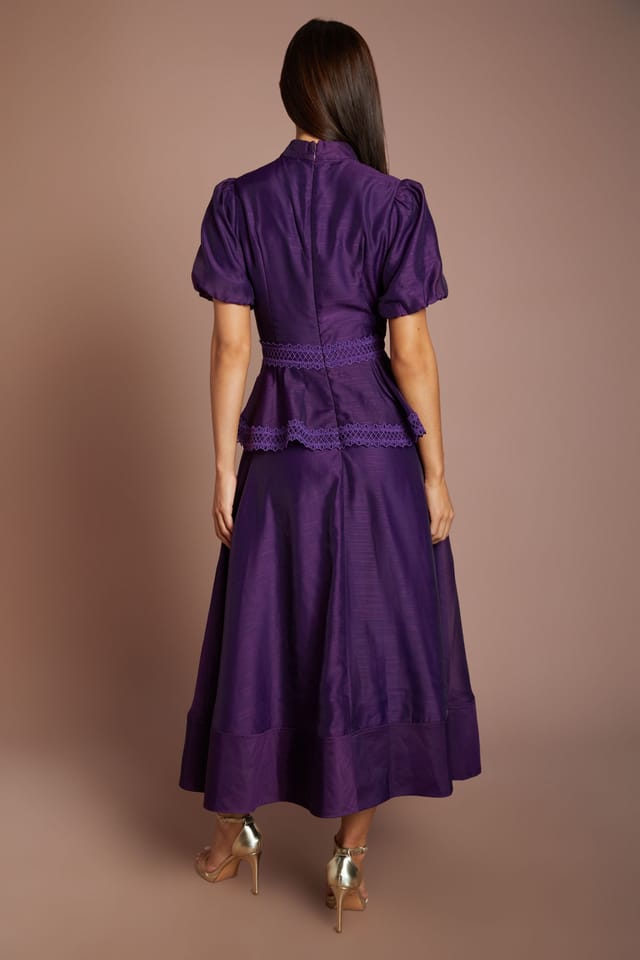 Coast Coast Women's Puff Sleeve 3D Flower Detail Organza Midi Dress in Fig - 3