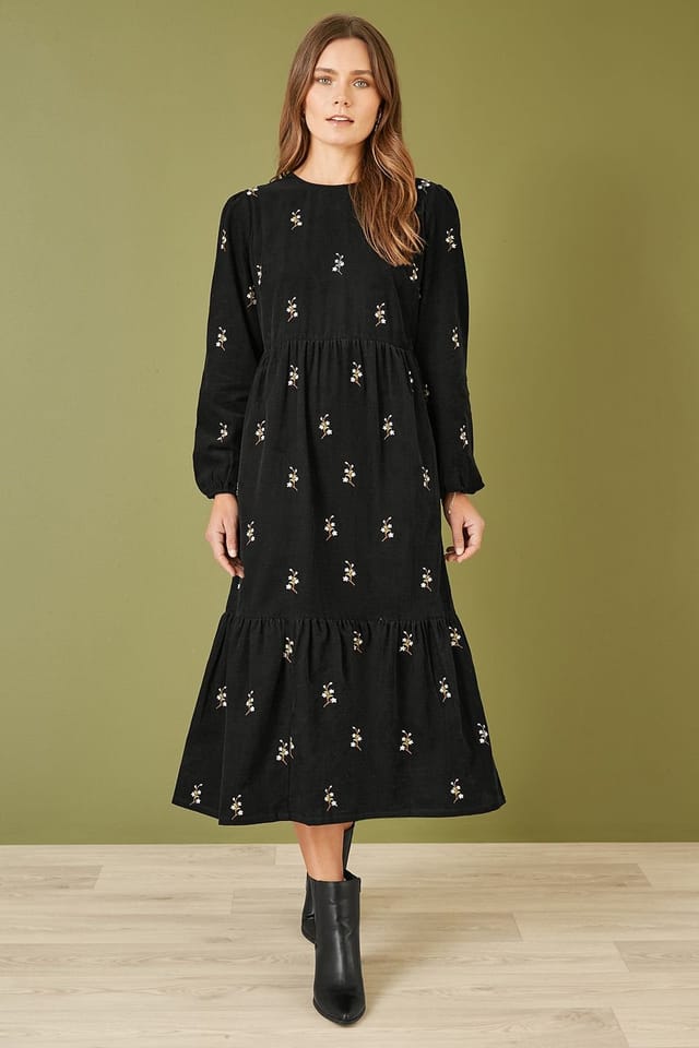 Yumi Yumi Women's Black Long Sleeve Midi Dress With Floral Embroidery - 2