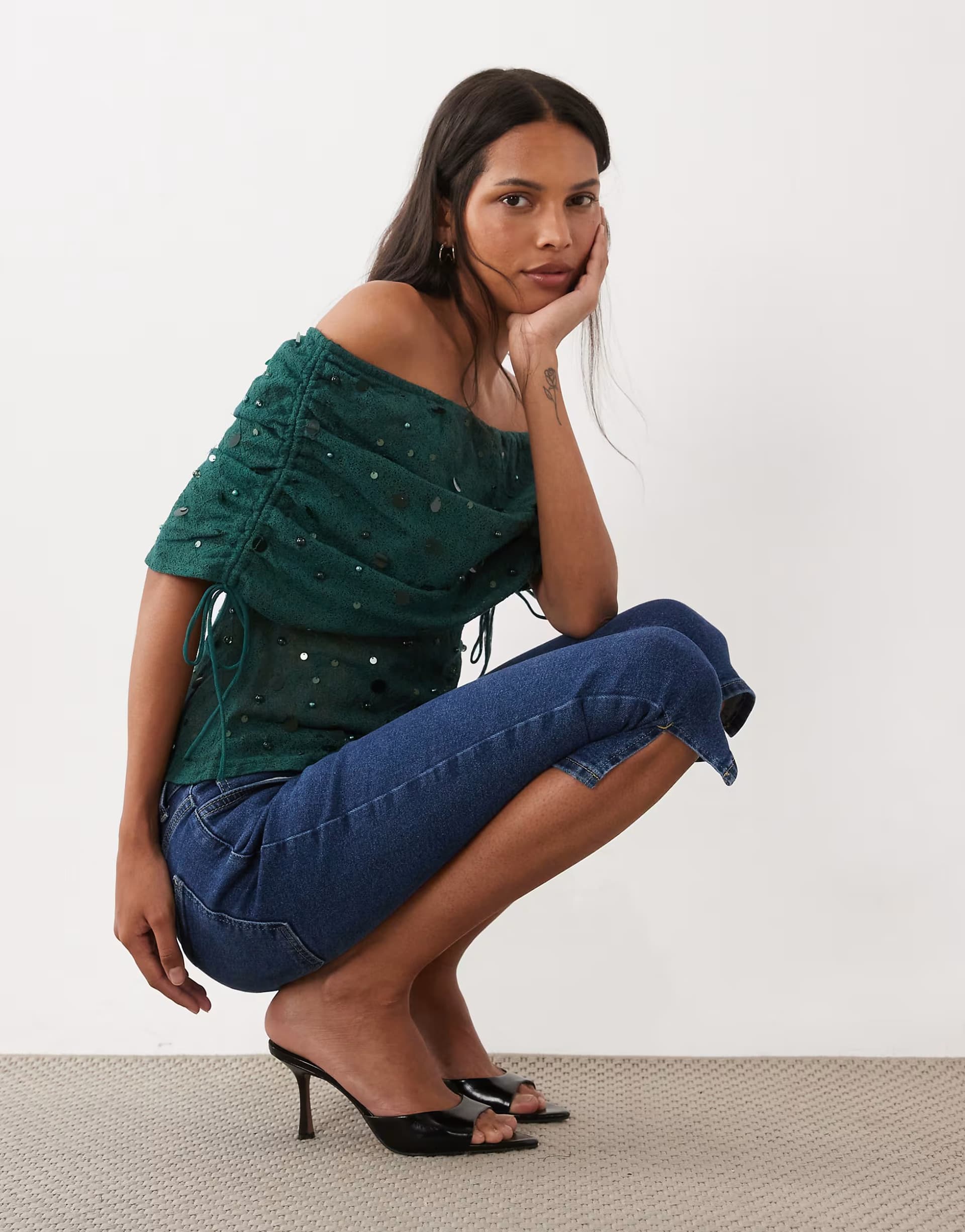 ASOS ASOS DESIGN crochet bardot top with embellishment in teal
