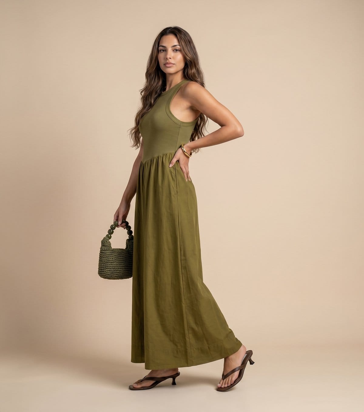 Urban Bliss Olive Ribbed Poplin Midi Dress