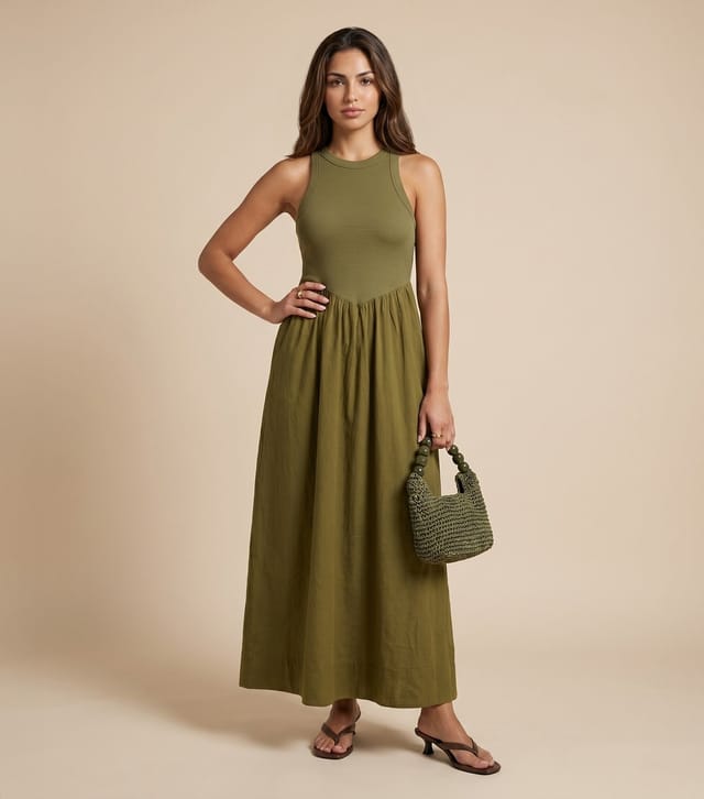 Urban Bliss Women's Light Khaki Ribbed Poplin Midi Dress Urban Bliss New Look - 2