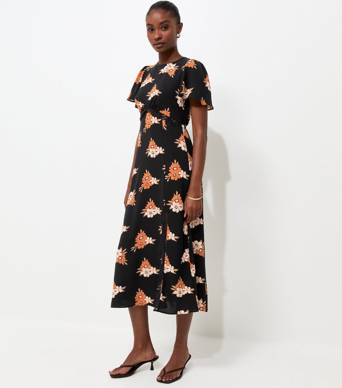 New Look Women's Black Floral Print Lace Trim Midi Dress New Look
