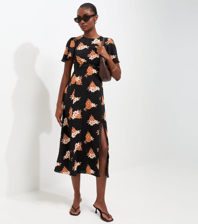 New Look Women's Black Floral Print Lace Trim Midi Dress New Look - 3